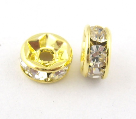Picture of Copper Rondelle Spacer Beads Round Gold Plated Clear Rhinestone About 6mm( 2/8") Dia, Hole:Approx 1.5mm, 30 PCs