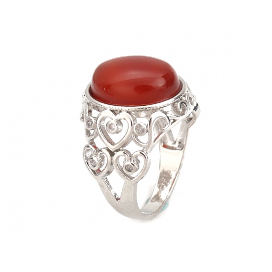 Picture of Agate ( Natural ) Unadjustable Rings Silver Tone Orange-red Oval 19.1mm( 6/8")(US Size 9.25), 1 Piece