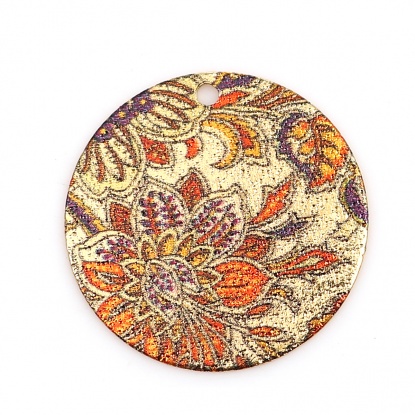 亜鉛合金 彩色上絵 チャーム 円形 金メッキ オレンジ色 花彫刻 スターダスト 20mm直径、 10 個 の画像