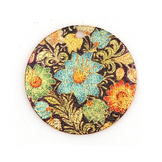 Picture of Zinc Based Alloy Enamel Painting Charms Round Gold Plated Multicolor Flower Leaves Sparkledust 20mm Dia., 10 PCs
