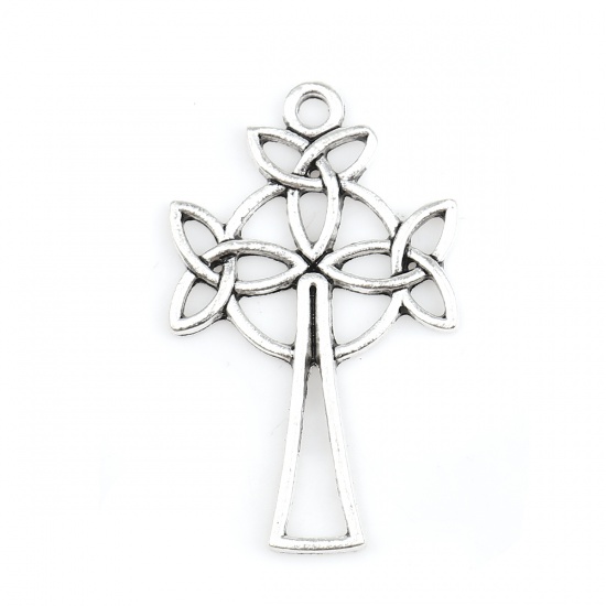 Picture of Zinc Based Alloy Celtic Knot Pendants Cross Antique Silver Flower Leaves 39mm(1 4/8") x 24mm(1"), 20 PCs