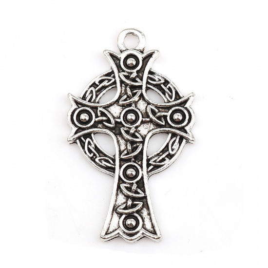 Picture of Zinc Based Alloy Celtic Knot Pendants Cross Antique Silver Carved Pattern 39mm(1 4/8") x 23mm( 7/8"), 10 PCs