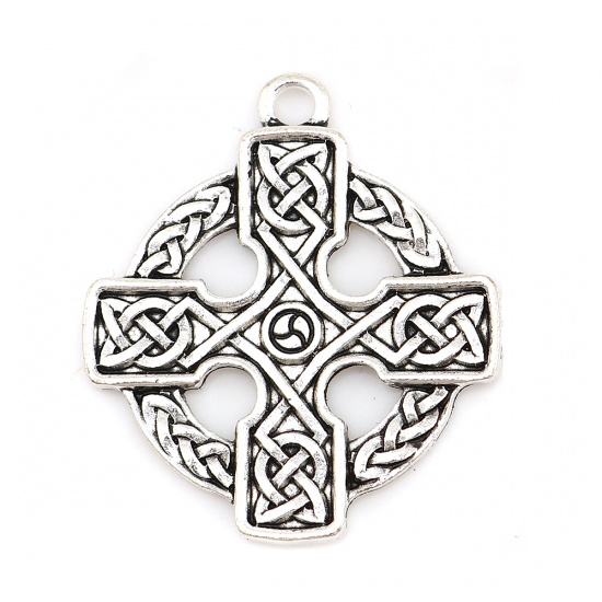 Picture of Zinc Based Alloy Celtic Knot Pendants Round Antique Silver Cross 33mm(1 2/8") x 29mm(1 1/8"), 10 PCs