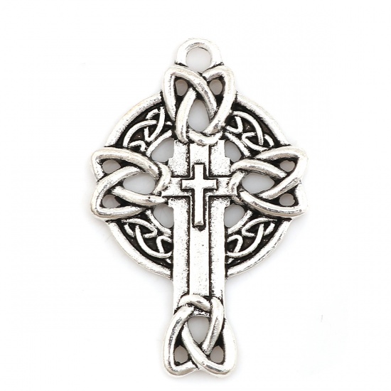 Picture of Zinc Based Alloy Celtic Knot Pendants Cross Antique Silver 37mm(1 4/8") x 24mm(1"), 10 PCs
