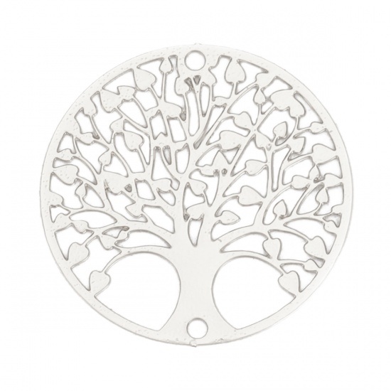合金 透かしパーツ コネクターパーツ 円形 シルバートーン 生命の樹柄 20mm直径、 10 個 の画像