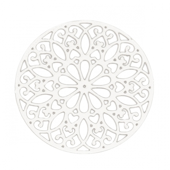 Bild von Kupfer Filigran Stempel Verzierung Verbinder Rund Silberfarbe Blumen 25mm D., 10 Stück