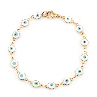 Picture of 304 Stainless Steel Bracelets Gold Plated White Evil Eye Enamel 19.2cm(7 4/8") long, 1 Piece