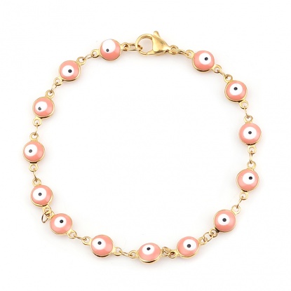 Picture of 304 Stainless Steel Bracelets Gold Plated Peach Pink Evil Eye Enamel 19.2cm(7 4/8") long, 1 Piece