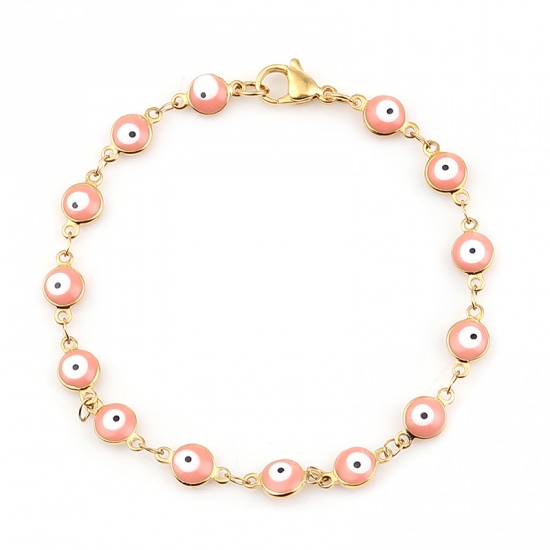 Picture of 304 Stainless Steel Bracelets Gold Plated Peach Pink Evil Eye Enamel 19.2cm(7 4/8") long, 1 Piece
