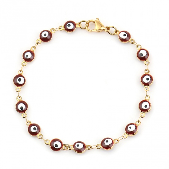 Picture of 304 Stainless Steel Bracelets Gold Plated Wine Red Evil Eye Enamel 19.2cm(7 4/8") long, 1 Piece
