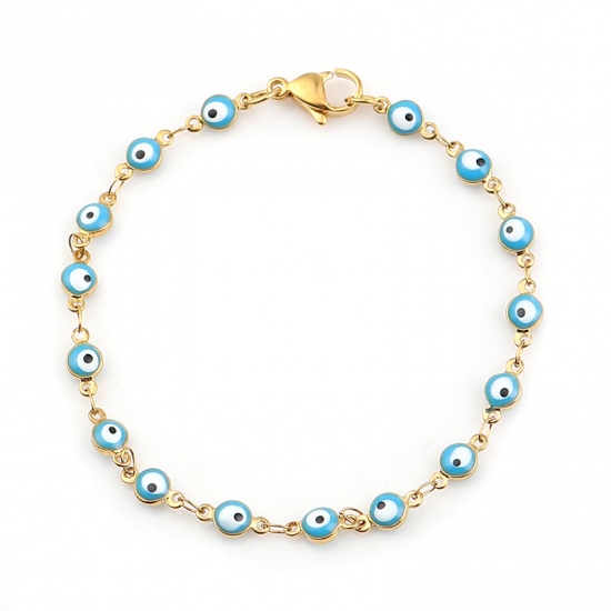Picture of 304 Stainless Steel Bracelets Gold Plated Skyblue Evil Eye Enamel 18.7cm(7 3/8") long, 1 Piece