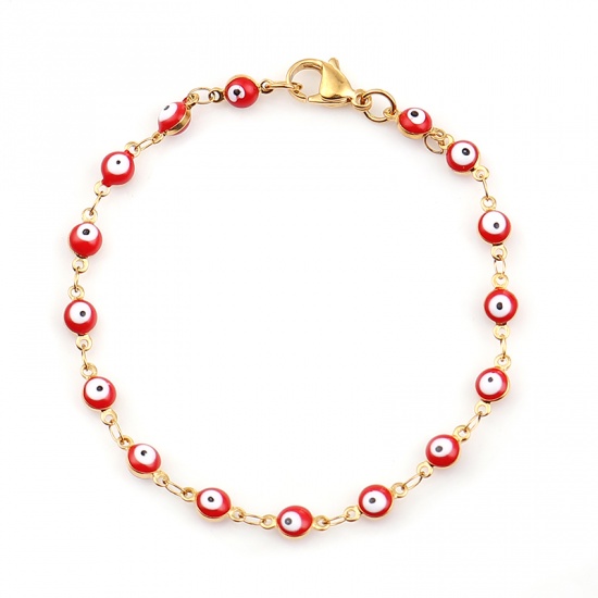 Picture of 304 Stainless Steel Bracelets Gold Plated Red Evil Eye Enamel 18.7cm(7 3/8") long, 1 Piece