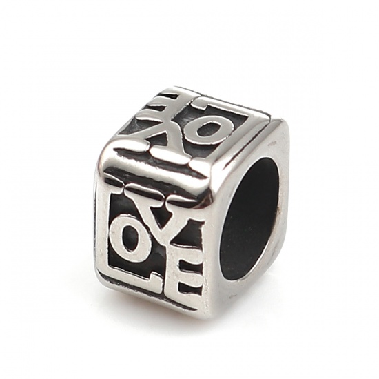 Immagine di 316 Acciaio inossidabile Colata Perline Rettangolo Argento Antico Lettere " LOVE " 10mm x 7mm, Buco: Circa 6.4mm, 1 Pz