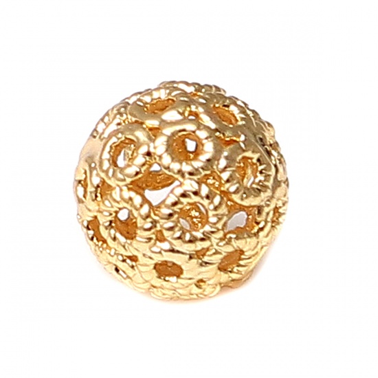 Picture of Copper Beads Round 18K Real Gold Plated Hollow About 8mm Dia, Hole: Approx 1mm, 100 PCs