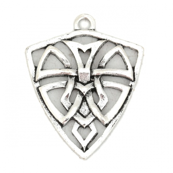 Picture of Zinc Based Alloy Celtic Knot Pendants Shield Antique Silver Hollow 33mm(1 2/8") x 27mm(1 1/8"), 10 PCs