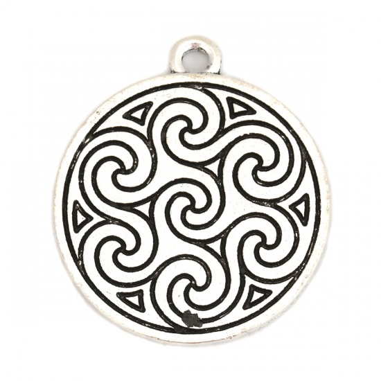 Picture of Zinc Based Alloy Pendants Round Antique Silver Carved Pattern 31mm(1 2/8") x 26mm(1"), 10 PCs