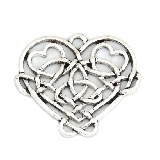 Picture of Zinc Based Alloy Celtic Knot Pendants Heart Antique Silver Hollow 31mm(1 2/8") x 26mm(1"), 10 PCs