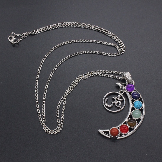 Picture of Gemstone ( Natural ) Yoga Healing Necklace Silver Tone Multicolor Half Moon, 1 Piece