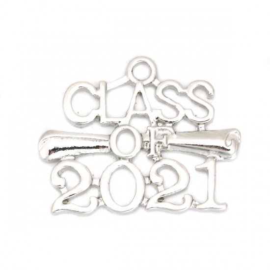 Picture of Zinc Based Alloy Charms Irregular Silver Tone Message " CLASS OF 2021 " 26mm x 20mm, 10 PCs