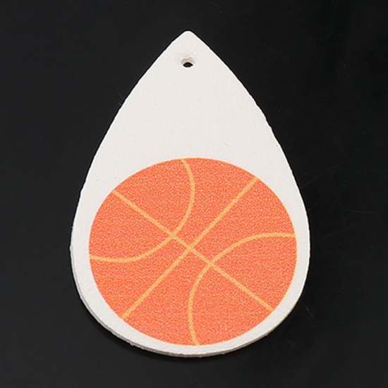 Picture of PU Leather Sport Pendants Drop Orange Basketball 5.7cm x 3.7cm, 5 PCs