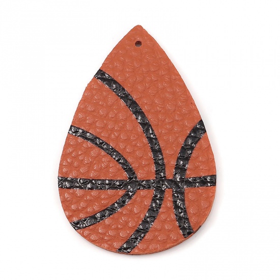 Picture of PU Leather Sport Pendants Drop Orange Basketball 5.7cm x 3.8cm, 5 PCs
