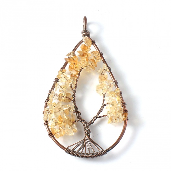 Picture of Crystal ( Natural ) Pendants Drop Yellow Tree Hollow 80mm x 42mm, 1 Piece