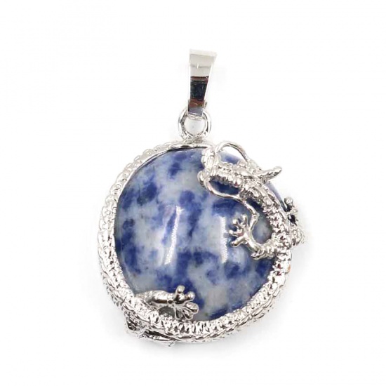 Picture of Stone ( Natural ) Charms White & Blue Round Dragon 3.4cm x 2.3cm, 1 Piece