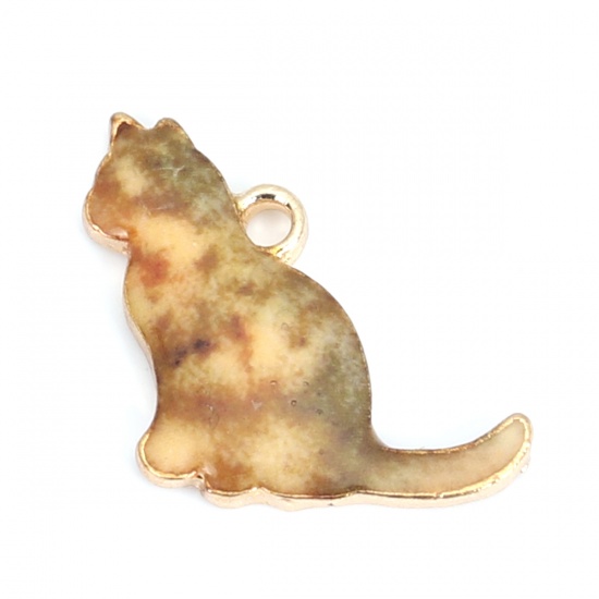 Immagine di Lega di Zinco Charms Gatto KC Placcato Oro Cachi Smalto 17mm x 16mm , 10 Pz