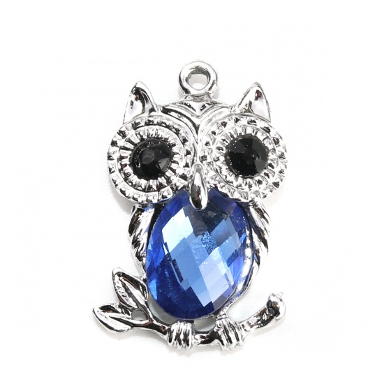 Picture of Zinc Based Alloy Pendants Owl Animal Silver Tone Blue & Black Rhinestone 3cm x 2cm, 5 PCs