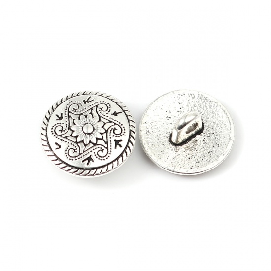 Picture of Zinc Based Alloy Metal Sewing Shank Buttons Round Antique Silver Carved Pattern Carved 15mm Dia., 50 PCs