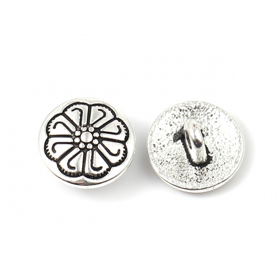 Picture of Zinc Based Alloy Metal Sewing Shank Buttons Round Antique Silver Carved Pattern Carved 12mm Dia., 50 PCs