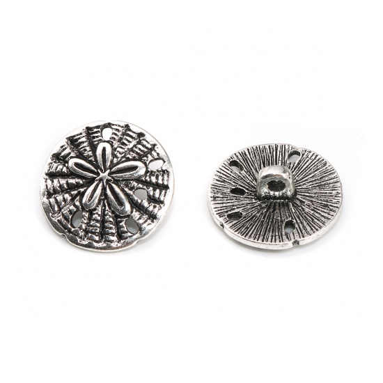 Picture of Zinc Based Alloy Metal Sewing Shank Buttons Round Antique Silver Flower Carved 19mm x 18mm, 20 PCs