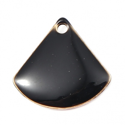 Picture of Copper Enamelled Sequins Charms Fan-shaped Brass Color Black 13mm x 12mm, 10 PCs