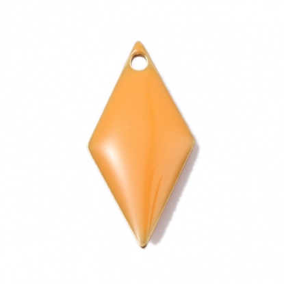 銅 エナメル スパンコール チャーム 菱形 真鍮色 オレンジ 17mm x 8mm、 10 個 の画像