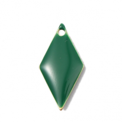銅 エナメル スパンコール チャーム 菱形 真鍮色 濃緑 17mm x 8mm、 10 個 の画像