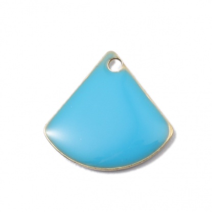 Picture of Copper Enamelled Sequins Charms Fan-shaped Brass Color Skyblue 13mm x 12mm, 10 PCs