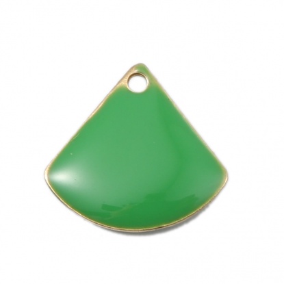Picture of Copper Enamelled Sequins Charms Fan-shaped Brass Color Green 13mm x 12mm, 10 PCs
