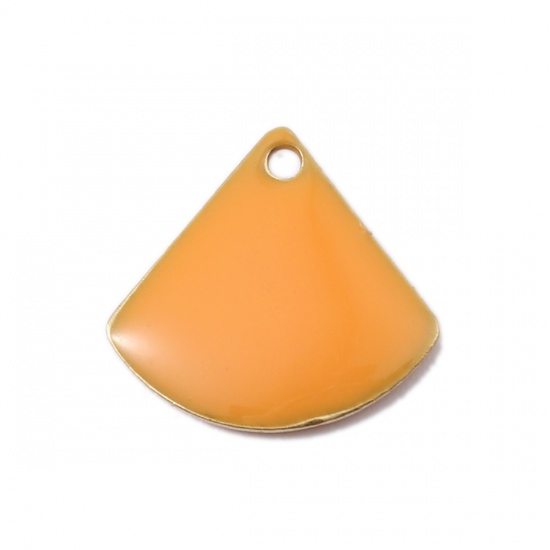 Image de Breloques Sequins Emaillés Double Face en Cuivre Eventail Couleur Laiton Orange 13mm x 12mm, 10 Pcs