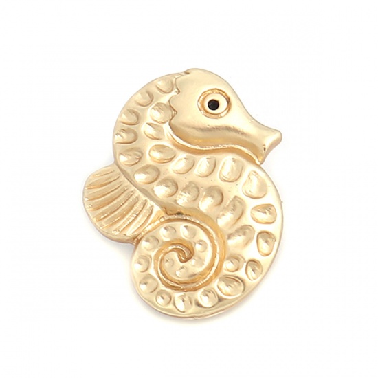 Picture of Zinc Based Alloy Metal Sewing Shank Buttons Single Hole Seahorse Animal Matt Real Gold Plated 23mm x 18mm, 5 PCs