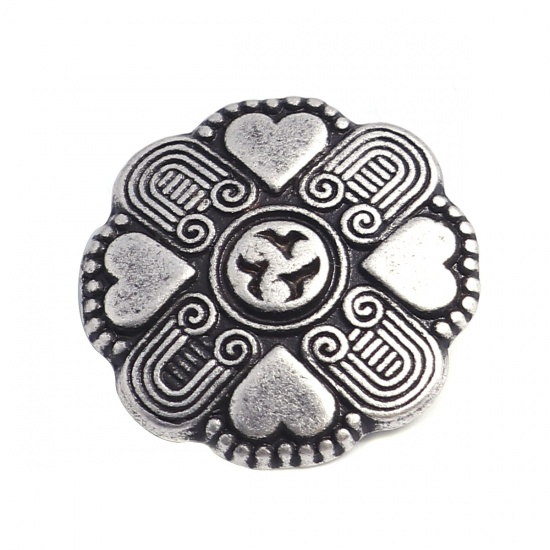 Picture of Zinc Based Alloy Sewing Shank Buttons Single Hole Flower Antique Silver Filled Heart Carved 20mm x 20mm, 10 PCs