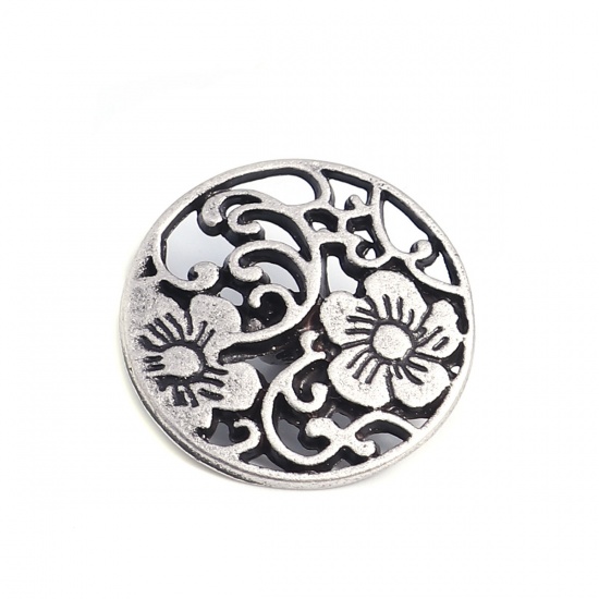 Immagine di Lega di Zinco Gambo Bottone Single hole Tondo Argento Antico Riempito Filigrana Disegno 19mm Dia, 10 Pz