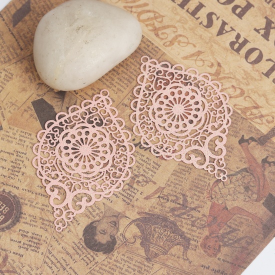 Picture of Copper Pendants Pink Oval Heart Filigree Stamping 5.8cm x 3.7cm, 5 PCs