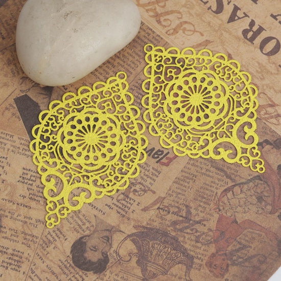 Picture of Copper Pendants Yellow Oval Heart Filigree Stamping 5.8cm x 3.7cm, 5 PCs
