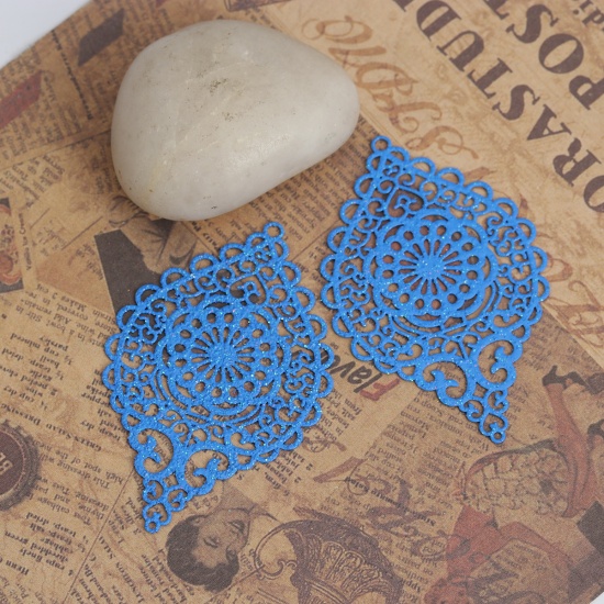 Picture of Copper Pendants Royal Blue Oval Heart Filigree Stamping 5.8cm x 3.7cm, 5 PCs