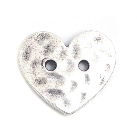 Bild von Zinklegierung Knöpfe zum Aufnähen Zwei Löcher Herz Antik Silber Gefüllt 27mm x 24mm, 5 Stück