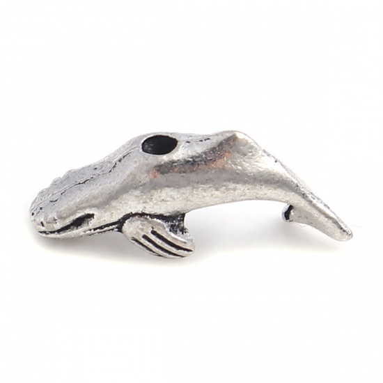 Picture of Zinc Based Alloy Ocean Jewelry Beads Whale Animal Antique Silver 17mm x 8mm, Hole: Approx 1.9mm, 100 PCs