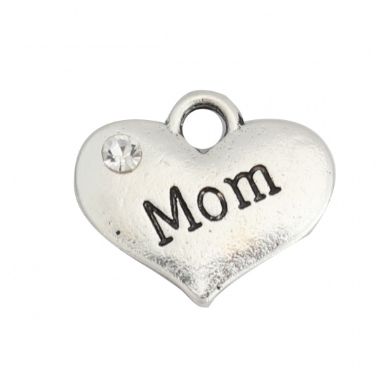 Picture of Zinc Based Alloy Charms Heart Antique Silver Message " Mom " Clear Rhinestone 16mm x 14mm, 10 PCs