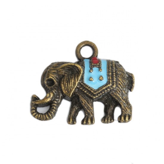 Immagine di Lega di Zinco Stile Bohemien Charms Elefante Bronzo Antico Azzurro Smalto 23mm x 20mm , 10 Pz