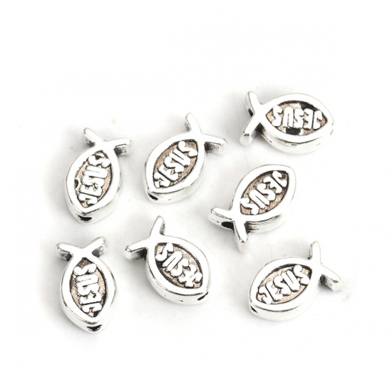 Picture of Zinc Based Alloy Spacer Beads Jesus/ Christian Fish Ichthys Antique Silver 8mm x 5mm, Hole: Approx 1.1mm, 100 PCs