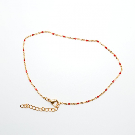 Picture of 304 Stainless Steel Anklet Gold Plated Red Enamel 24.5cm(9 5/8") long, 1 Piece